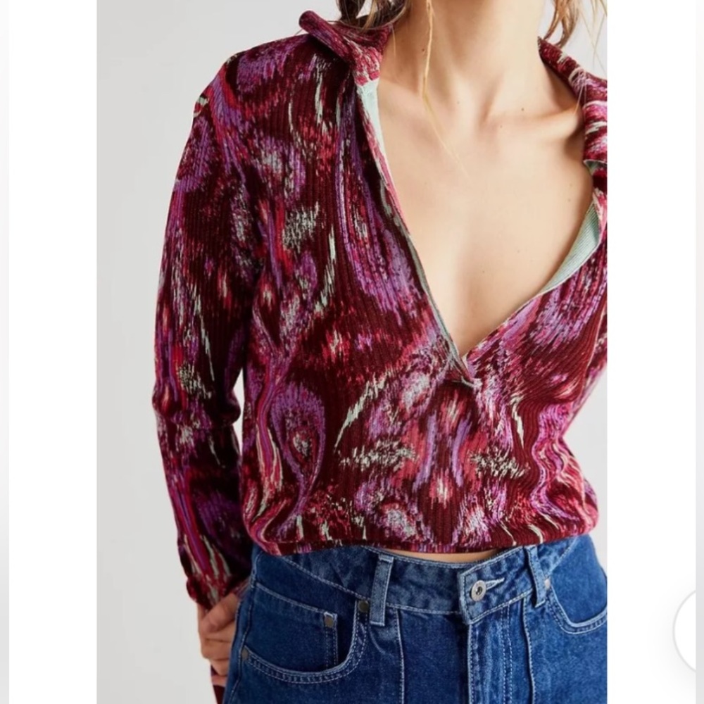 Free People Cherie ribbed v neck sweater in wine abstract swirl paisley print